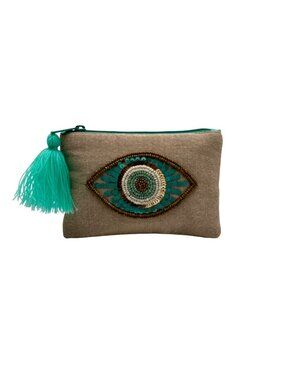 MMs Brands Tan Embroidered Linen Clutch